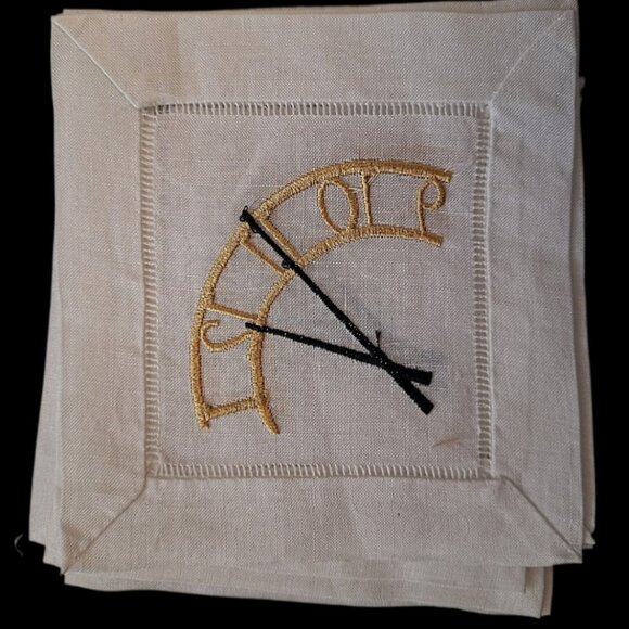 8 New Embroidered Linen Cocktail Napkin Clock Face Metallic Thread Excellent - Picture 4 of 5